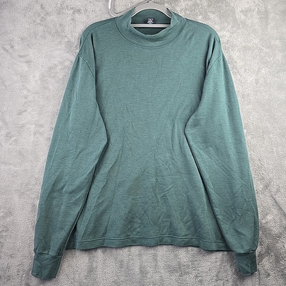 Vintage Lands End Sweater Mens XL Green Lightweight 100% Wool Mock Neck Classic‎